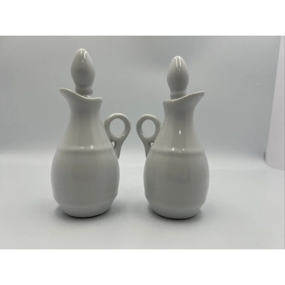 Pillivuyt Barrel Oil Vinegar Cruet Set 2 White Porcelain France w/Stoppers - EUC